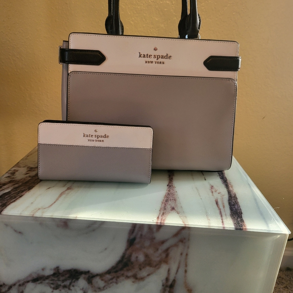 Kate Spade Gray And White Staci Colorblock Tote And Wallet
